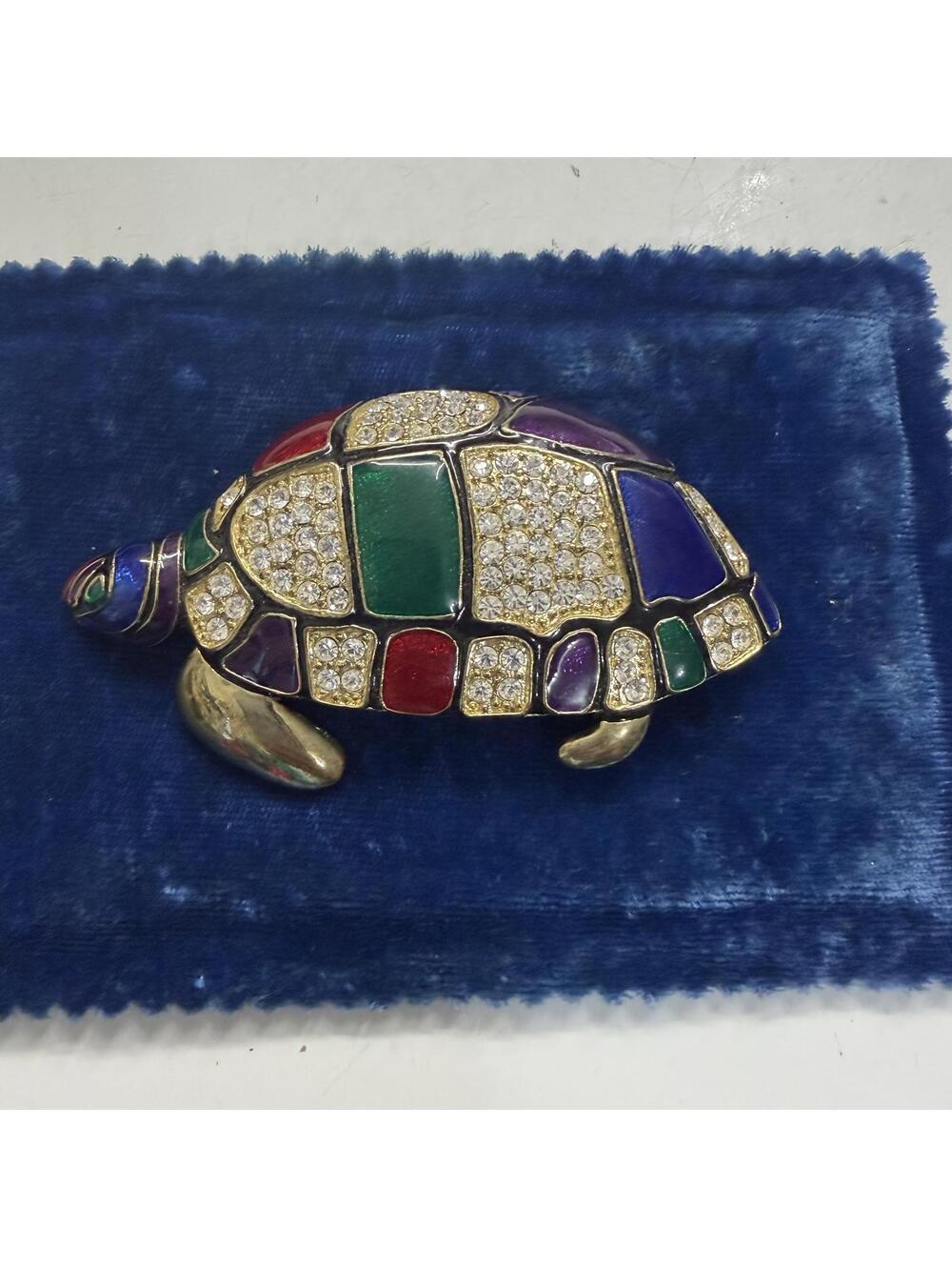 Enamel rhinestone turtle brooch vintage 90s